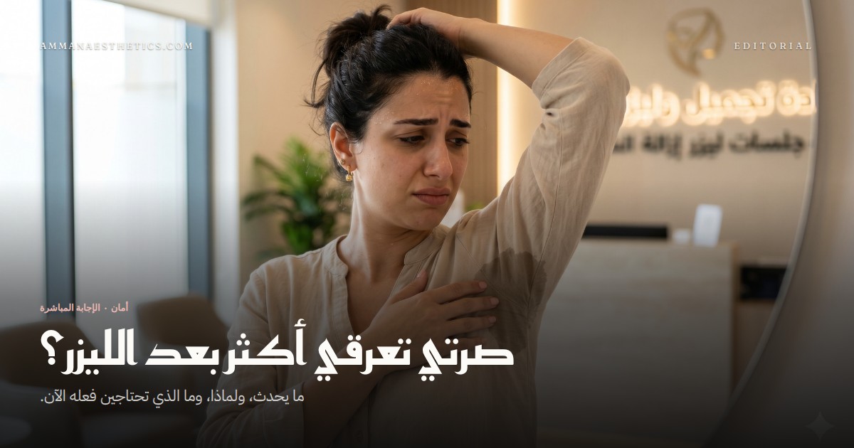 امرأة تنظر إلى بقعة عرق على قميصها أمام مرآة في عيادة تجميل وليزر.